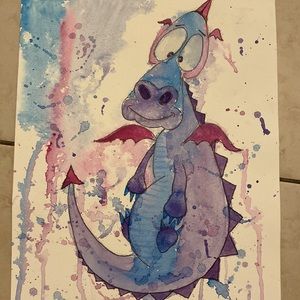 Unframed Original Art Watercolour Fun Cartoon Illustration of Dragon w Spatter